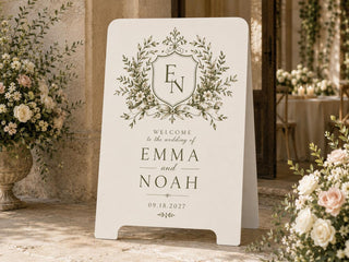 Personalized Botanical Wedding Welcome Sign, Ivory A-Frame with European Garden Monogram Crest