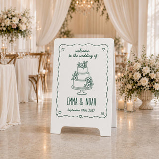 Personalized A-Frame Wedding Welcome Sign, Floral Cake Illustration, Custom Names & Date