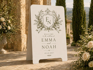 Personalized Botanical Wedding Welcome Sign, Ivory A-Frame with European Garden Monogram Crest
