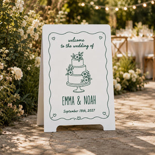 Personalized A-Frame Wedding Welcome Sign, Floral Cake Illustration, Custom Names & Date
