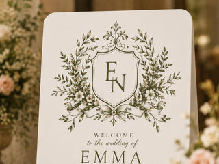 Personalized Botanical Wedding Welcome Sign, Ivory A-Frame with European Garden Monogram Crest