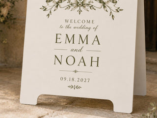 Personalized Botanical Wedding Welcome Sign, Ivory A-Frame with European Garden Monogram Crest