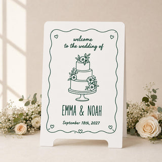 Personalized A-Frame Wedding Welcome Sign, Floral Cake Illustration, Custom Names & Date