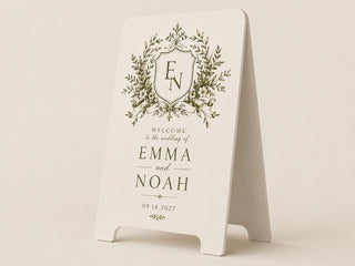 Personalized Botanical Wedding Welcome Sign, Ivory A-Frame with European Garden Monogram Crest