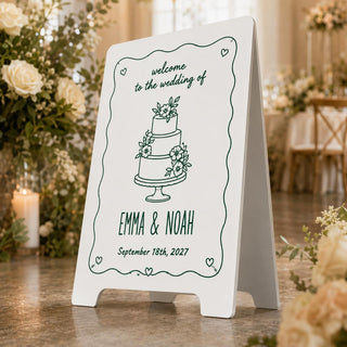 Personalized A-Frame Wedding Welcome Sign, Floral Cake Illustration, Custom Names & Date