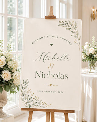 Personalized Botanical Wedding Welcome Sign, Ivory Sage Green Garden Decor