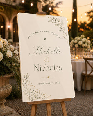 Personalized Botanical Wedding Welcome Sign, Ivory Sage Green Garden Decor