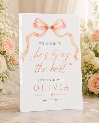 She’s Tying the Knot Bridal Shower Sign | Personalized Pink Bow Welcome Sign | Custom Name & Date