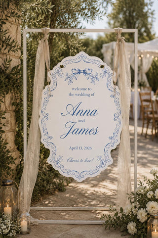 Personalized Blue Toile Wedding Welcome Sign, Custom Chinoiserie Decor (MDF/Acrylic)
