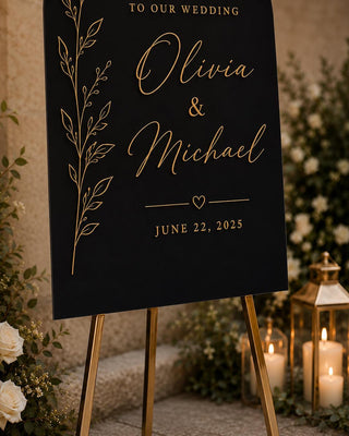 3D Gold Acrylic Wedding Welcome Sign, Black Modern Decor, Custom Names (Easel Display)
