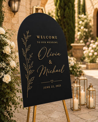 3D Gold Acrylic Wedding Welcome Sign, Black Modern Decor, Custom Names (Easel Display)
