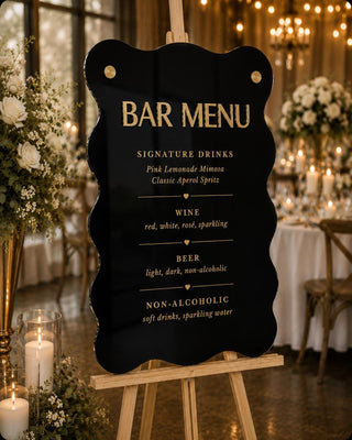 Wavy Acrylic Bar Menu Sign – 3D Gold Mirror Lettering, Wedding Reception