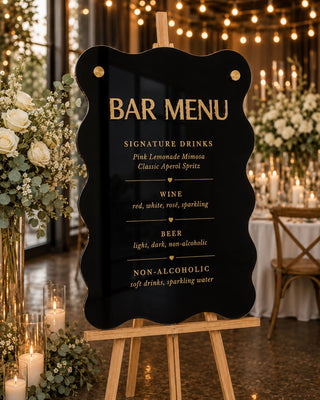Wavy Acrylic Bar Menu Sign – 3D Gold Mirror Lettering, Wedding Reception