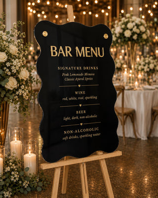 Wavy Acrylic Bar Menu Sign – 3D Gold Mirror Lettering, Wedding Reception