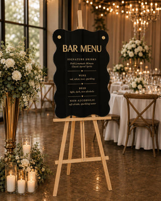 Wavy Acrylic Bar Menu Sign – 3D Gold Mirror Lettering, Wedding Reception