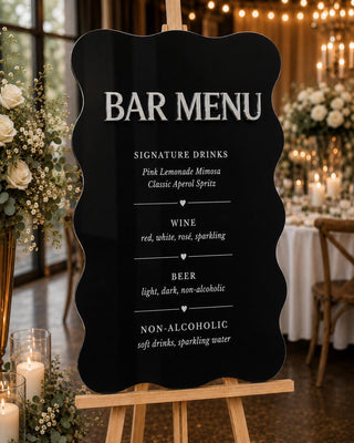Wavy Acrylic Bar Menu Sign – 3D Mirror Silver Lettering, Wedding Reception