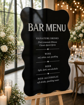 Wavy Acrylic Bar Menu Sign – 3D Mirror Silver Lettering, Wedding Reception