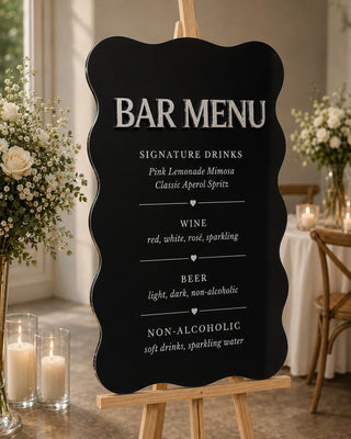 Wavy Acrylic Bar Menu Sign – 3D Mirror Silver Lettering, Wedding Reception