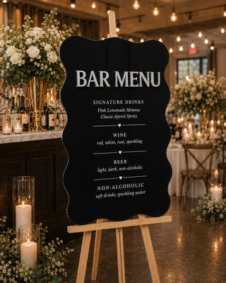 Wavy Acrylic Bar Menu Sign – 3D Mirror Silver Lettering, Wedding Reception