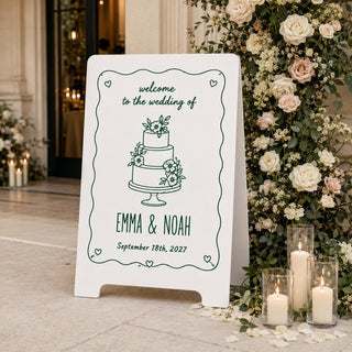 Personalized A-Frame Wedding Welcome Sign, Floral Cake Illustration, Custom Names & Date