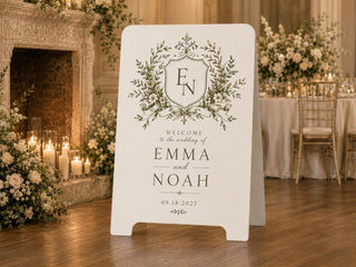 Personalized Botanical Wedding Welcome Sign, Ivory A-Frame with European Garden Monogram Crest