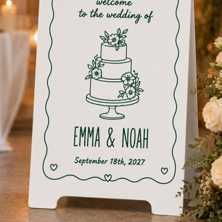 Personalized A-Frame Wedding Welcome Sign, Floral Cake Illustration, Custom Names & Date