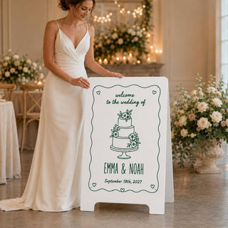 Personalized A-Frame Wedding Welcome Sign, Floral Cake Illustration, Custom Names & Date