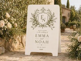 Personalized Botanical Wedding Welcome Sign, Ivory A-Frame with European Garden Monogram Crest