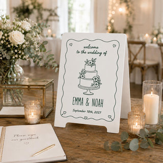 Personalized A-Frame Wedding Welcome Sign, Floral Cake Illustration, Custom Names & Date