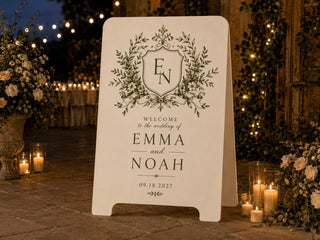 Personalized Botanical Wedding Welcome Sign, Ivory A-Frame with European Garden Monogram Crest