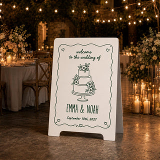 Personalized A-Frame Wedding Welcome Sign, Floral Cake Illustration, Custom Names & Date