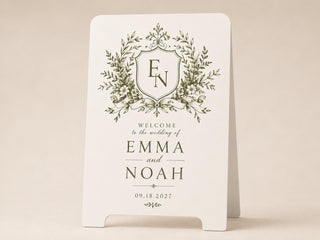 Personalized Botanical Wedding Welcome Sign, Ivory A-Frame with European Garden Monogram Crest