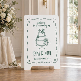 Personalized A-Frame Wedding Welcome Sign, Floral Cake Illustration, Custom Names & Date