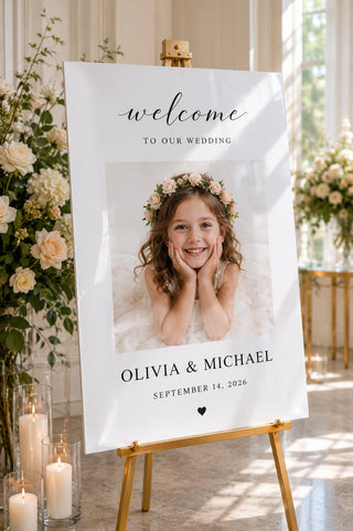 Welcome Sign - Custom Acrylic Wedding Entry Board | Childhood Photo | Rectangle Glossy White