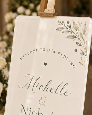 Personalized Botanical Wedding Welcome Sign, Ivory Sage Green Garden Decor