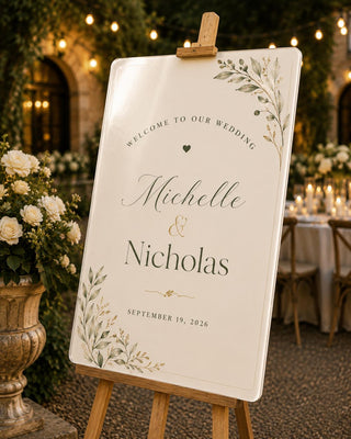 Personalized Botanical Wedding Welcome Sign, Ivory Sage Green Garden Decor