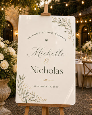Personalized Botanical Wedding Welcome Sign, Ivory Sage Green Garden Decor