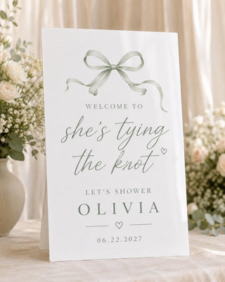 She’s Tying the Knot Bridal Shower Sign | Personalized Pink Bow Welcome Sign | Custom Name & Date