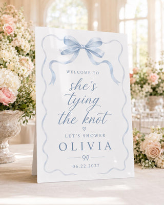 She’s Tying the Knot Bridal Shower Sign | Personalized Pink Bow Welcome Sign | Custom Name & Date