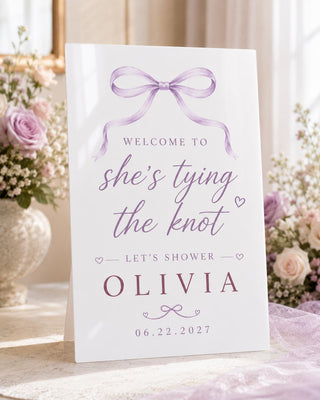 She’s Tying the Knot Bridal Shower Sign | Personalized Pink Bow Welcome Sign | Custom Name & Date