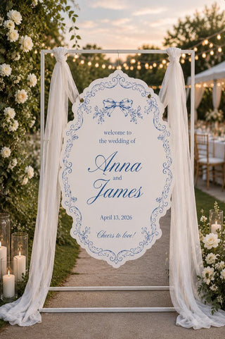 Personalized Blue Toile Wedding Welcome Sign, Custom Chinoiserie Decor (MDF/Acrylic)