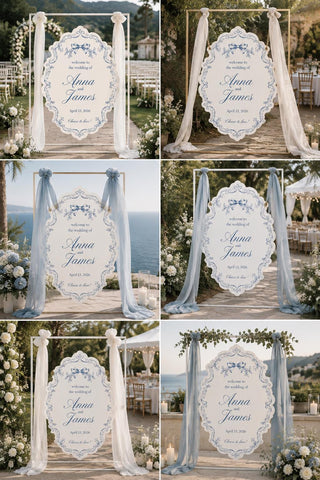 Personalized Blue Toile Wedding Welcome Sign, Custom Chinoiserie Decor (MDF/Acrylic)