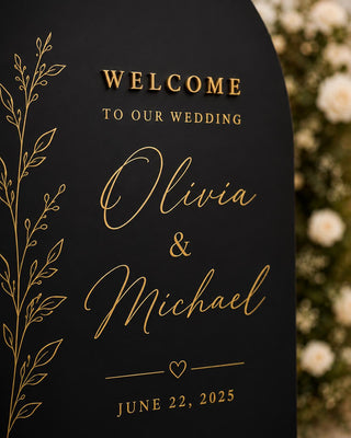 3D Gold Acrylic Wedding Welcome Sign, Black Modern Decor, Custom Names (Easel Display)
