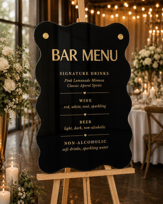 Wavy Acrylic Bar Menu Sign – 3D Gold Mirror Lettering, Wedding Reception