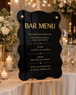 Wavy Acrylic Bar Menu Sign – 3D Gold Mirror Lettering, Wedding Reception