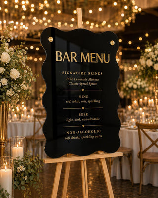 Wavy Acrylic Bar Menu Sign – 3D Gold Mirror Lettering, Wedding Reception
