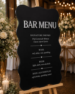 Wavy Acrylic Bar Menu Sign – 3D Mirror Silver Lettering, Wedding Reception