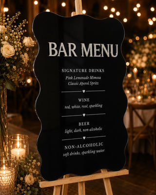 Wavy Acrylic Bar Menu Sign – 3D Mirror Silver Lettering, Wedding Reception