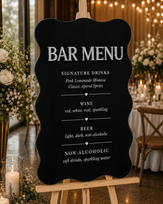 Wavy Acrylic Bar Menu Sign – 3D Mirror Silver Lettering, Wedding Reception