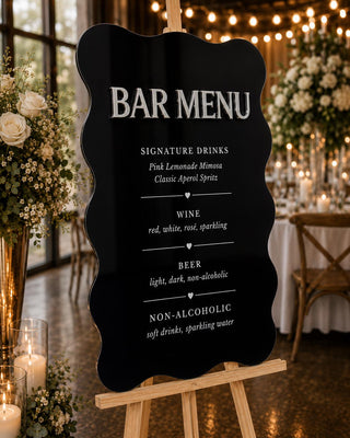 Wavy Acrylic Bar Menu Sign – 3D Mirror Silver Lettering, Wedding Reception